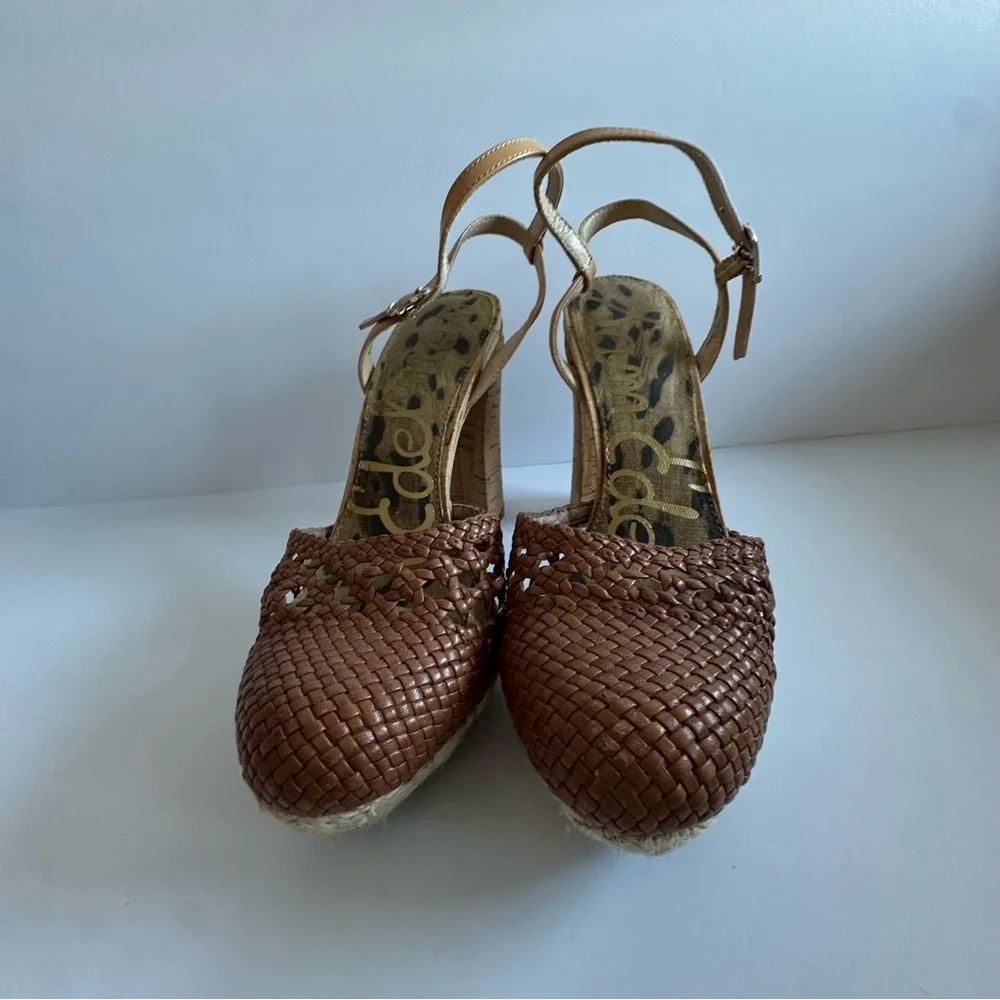 Sam Edelman Rella leather cork basket weave espadrille platform heels.